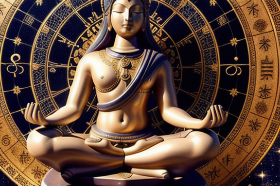 Person meditating surrounded by astrological symbols and numbers
