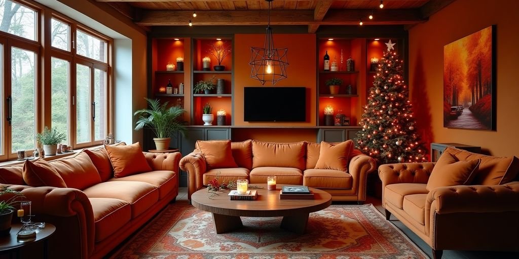 Sala decorada para o Ano Novo com cores vibrantes