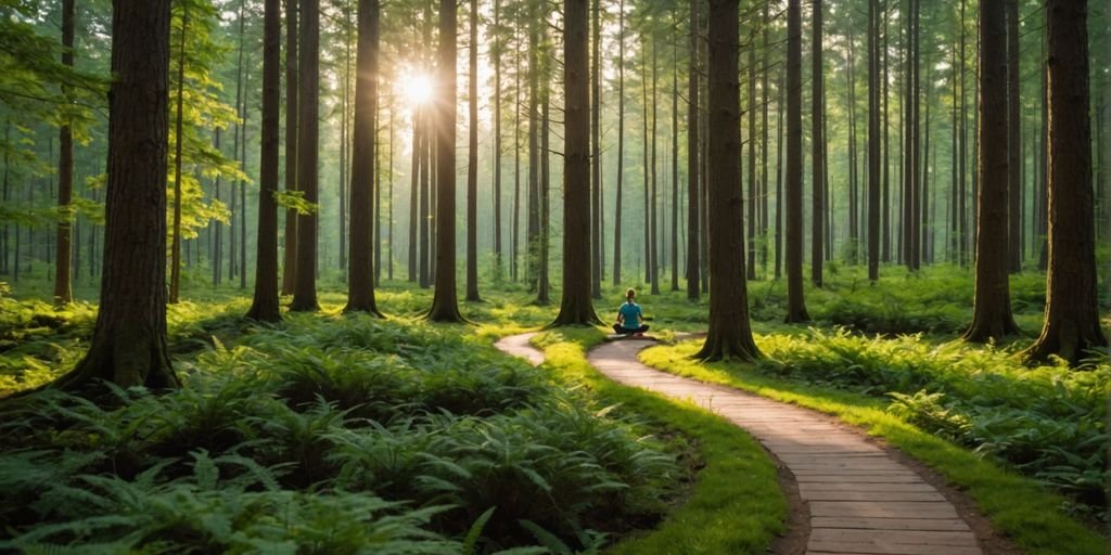 Pessoa a praticar Yoga numa floresta tranquila
