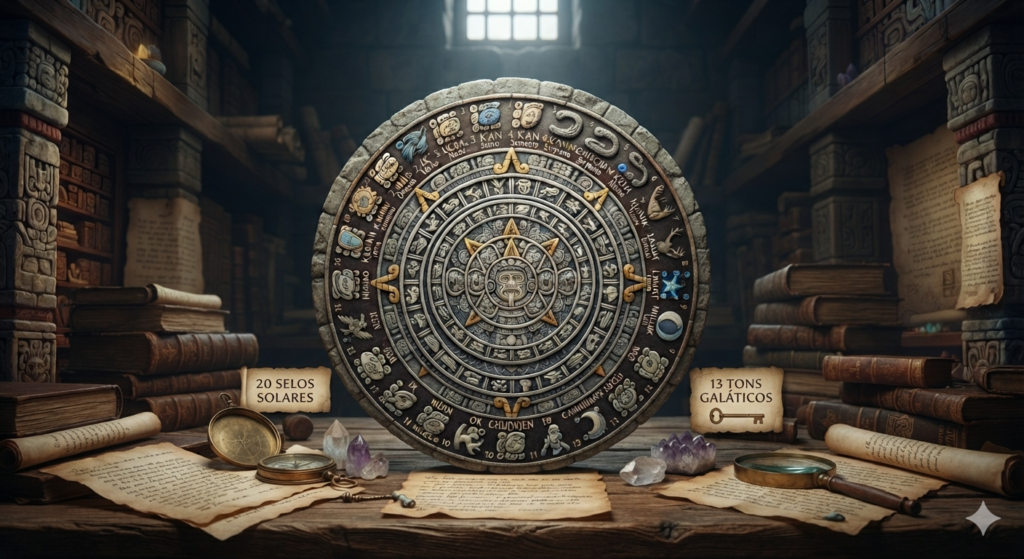 Tabela do Tzolkin representando o mapa sagrado dos 20 selos e 13 tons maias para autoconhecimento.