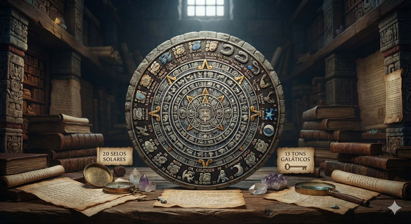 Tabela do Tzolkin representando o mapa sagrado dos 20 selos e 13 tons maias para autoconhecimento.
